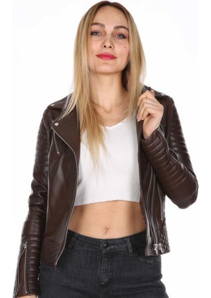 Hakiki Deri Kahverengi Çift Fermuarlı Kadın Ceket fiyatları