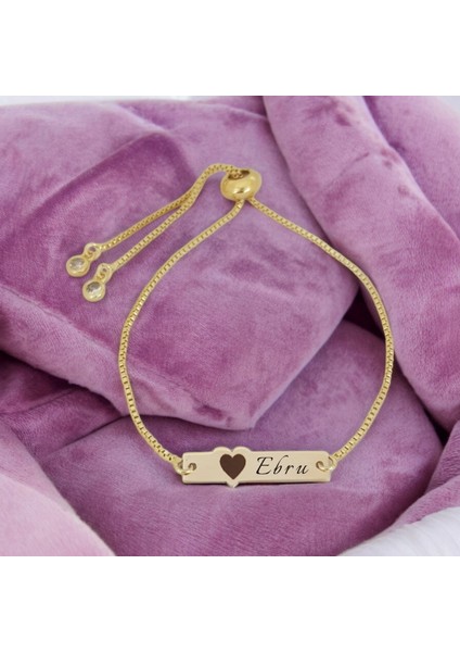 Altın Plakalı 14 Ayar Ebru Ismine Özel Zincirli Kalp Motifli Hediye BILEKLIK-432ISIM