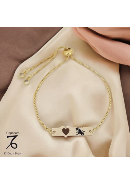 14 Ayar Plakalı Altın Oğlak Burçlarına Özel Zincirli Kalp Motifli Hediye BILEKLIK-432BURÇ