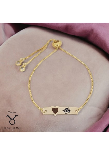 Altın Plakalı 14 Ayar Boğa Burçlarına Özel Kalp Motifli Zincirli Hediye BILEKLIK-432BURÇ