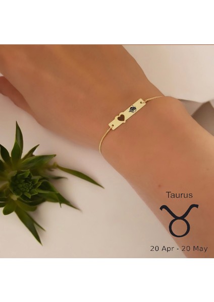Altın Plakalı 14 Ayar Boğa Burçlarına Özel Kalp Motifli Zincirli Hediye BILEKLIK-432BURÇ fiyatları
