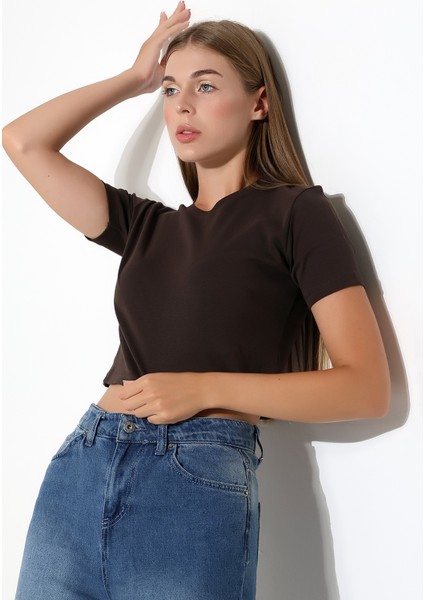 Pamuklu Kompakt Penye Ribana Bisiklet Yaka Crop T-Shirt 21560 Kahve fiyatları
