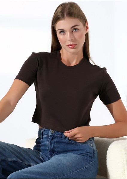 Pamuklu Kompakt Penye Ribana Bisiklet Yaka Crop T-Shirt 21560 Kahve modelleri
