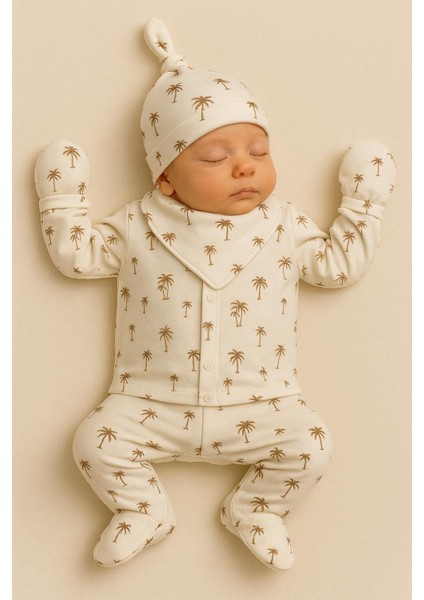 5'li Hastane Çıkışı Palmiye Desenli Organik Kumaş 0-3 Ay %100 Pamuklu Unisex Bebek Erkek Kız Bebek
