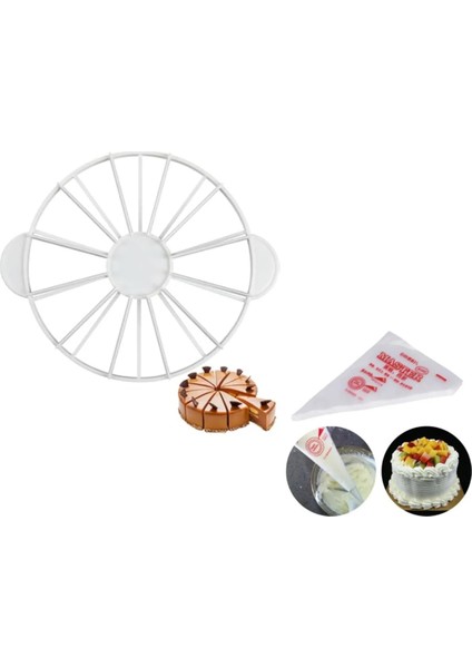 Pasta Dilimleyici 8-12 Kişilik ve Krema Torbası 50 Adet Tek Kullanımlık Dilimleyici Pasta Yapım Seti