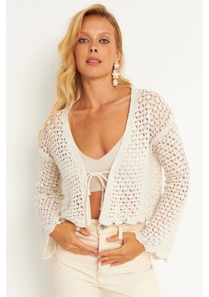 Kadın Ekru Ajurlu Triko Hırka YV248