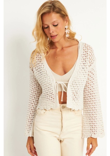 Kadın Ekru Ajurlu Triko Hırka YV248 fiyatları