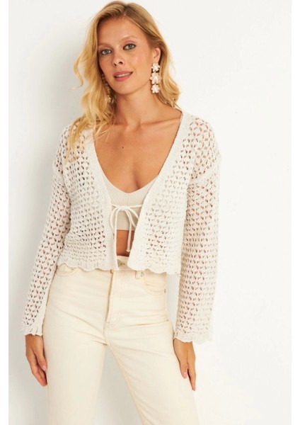 Kadın Ekru Ajurlu Triko Hırka YV248 modelleri