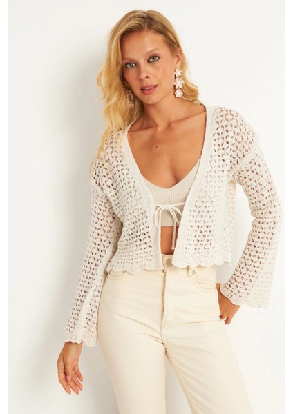 Kadın Ekru Ajurlu Triko Hırka YV248 fırsatları