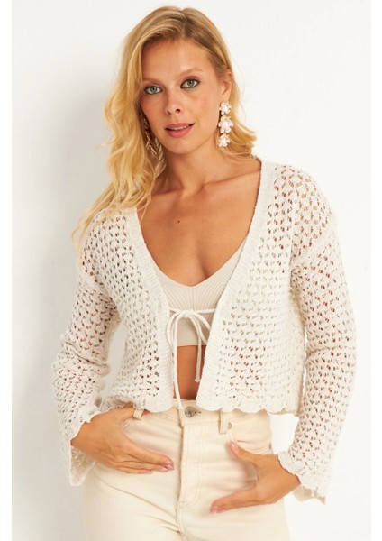 Kadın Ekru Ajurlu Triko Hırka YV248 indirimleri