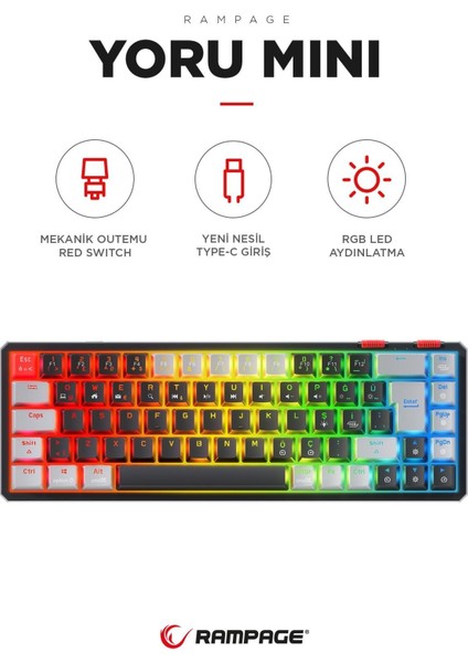 Yoru Mini Siyah/gri Type-C Bağlantılı Outemu Red Swich Q Mekanik Gaming Oyuncu Klavye Rgb