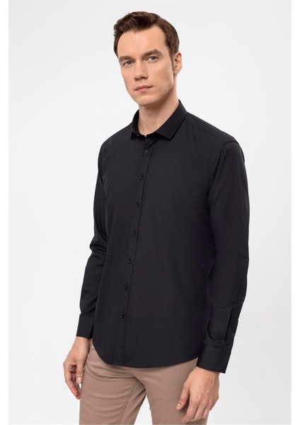 Siyah Slim Düz Klasik Yaka Gömlek fiyatları