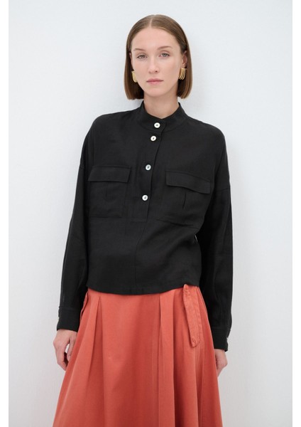 Cep Detaylı Bluz Siyah 11538444006