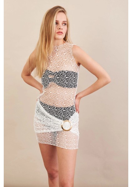 Kadın Beyaz Tokalı Mini Dantel Plaj Elbisesi indirimleri