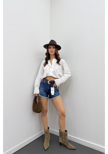 Poker Orta Kot Mavi Yüksek Bel Mini Kot Şort