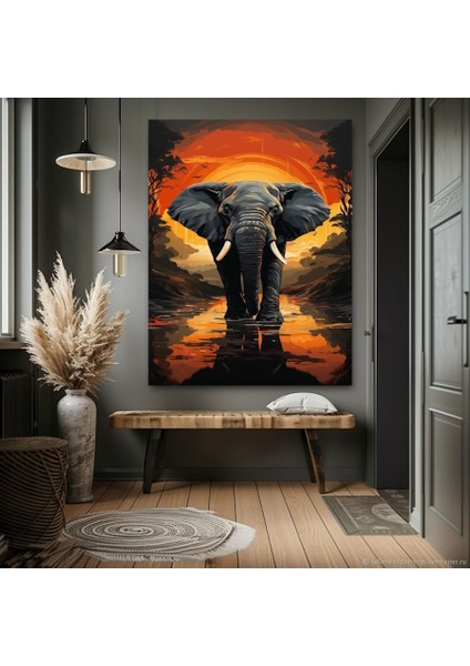 Güneş Yansımasında Ormanda Yürüyüş Yapan Fil Kanvas Tablo Ev Duvar Salon Ofis Dükkan Hediyelik Dekarasyon Süsü