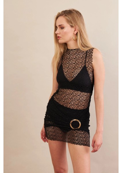 Kadın Siyah Tokalı Mini Dantel Plaj Elbisesi DCF052