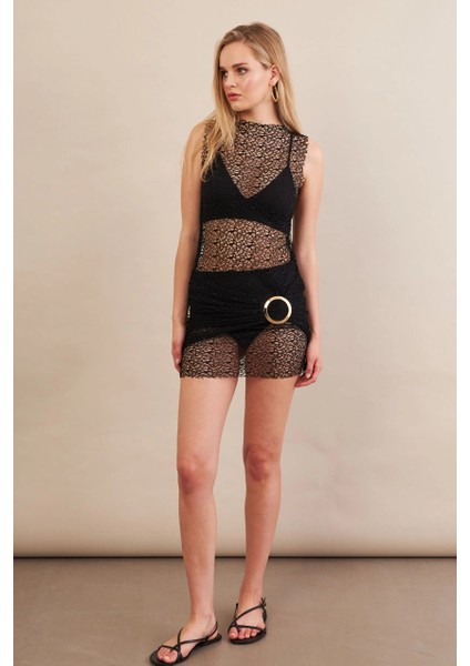 Kadın Siyah Tokalı Mini Dantel Plaj Elbisesi DCF052 fiyatları