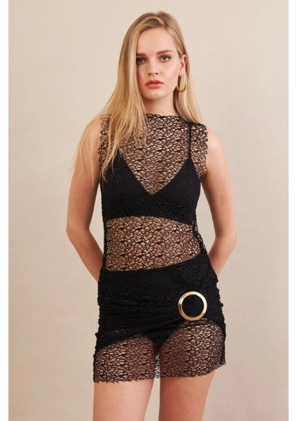 Kadın Siyah Tokalı Mini Dantel Plaj Elbisesi DCF052 modelleri