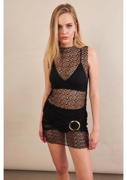 Kadın Siyah Tokalı Mini Dantel Plaj Elbisesi DCF052 fırsatları