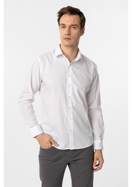Beyaz Slim Düz Klasik Yaka Gömlek modelleri