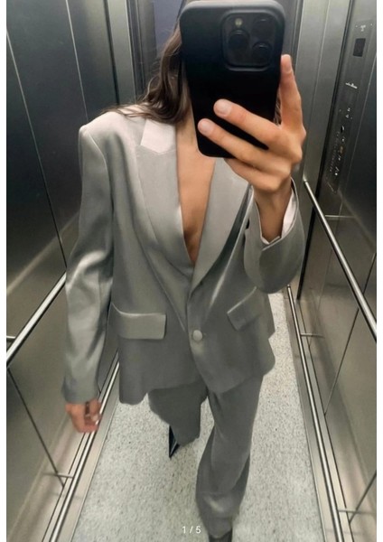 Zara Metalik Gümüş Vatkalı Blazer Ceket ABZRA0064