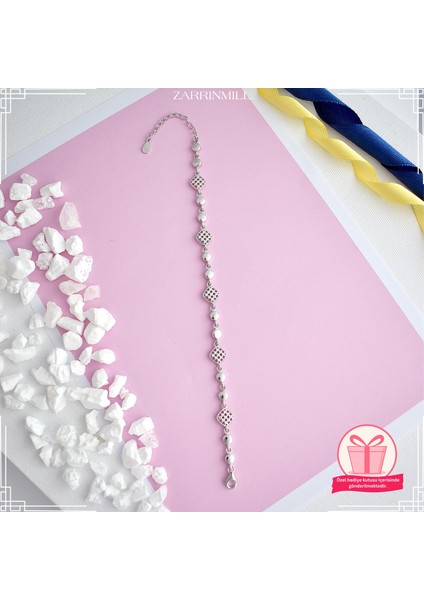 925 Ayar Gümüş Dörtgen Model Zirkon Taşlı Su Yolu Bileklik Rodyum Kaplama