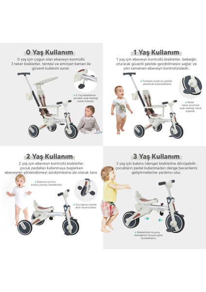 6in1 Funtrike Bej 3 Tekerlekli Bebek Bisikleti |ebeveyn Kontrollü, Katlanabilir ve Denge Modlu modelleri
