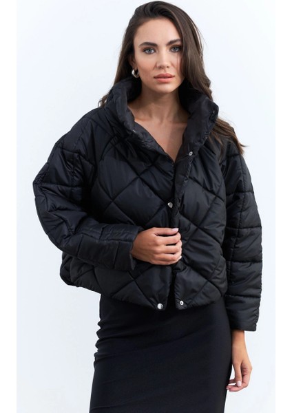 Kadın Siyah Beli Lastikli Yarasa Kol Şişme Mont MX11 modelleri