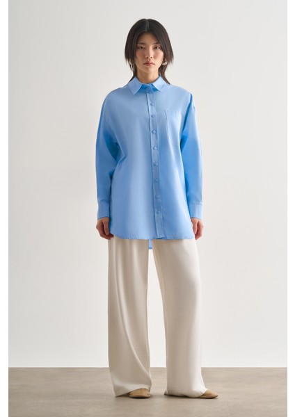 Premium Saf Pamuk Açık Mavi Oversize Gömlek