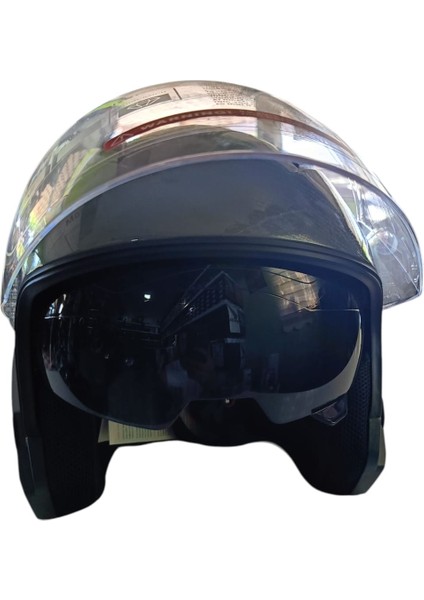 Güneş Vizörlü Açık Motosiklet Kaskı (Parlak Gri)