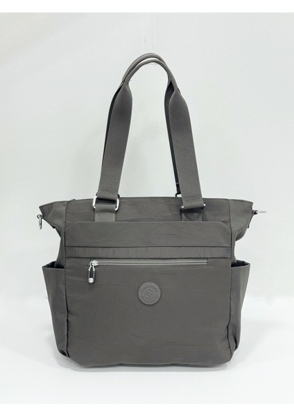 Kadın Çok Gözlü Kullanışlı Suya Dayanıklı Saten Kumaş Koyu Gri Renkli Çapraz Askılı El ve Omuz Çantası