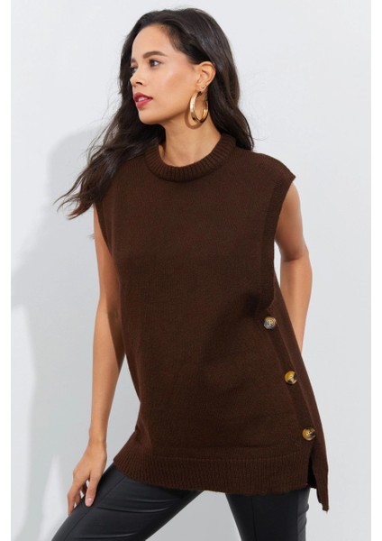 Kadın Kahverengi Yanları Düğmeli Kolsuz Triko Tunik YV75