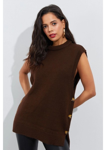 Kadın Kahverengi Yanları Düğmeli Kolsuz Triko Tunik YV75 fiyatları