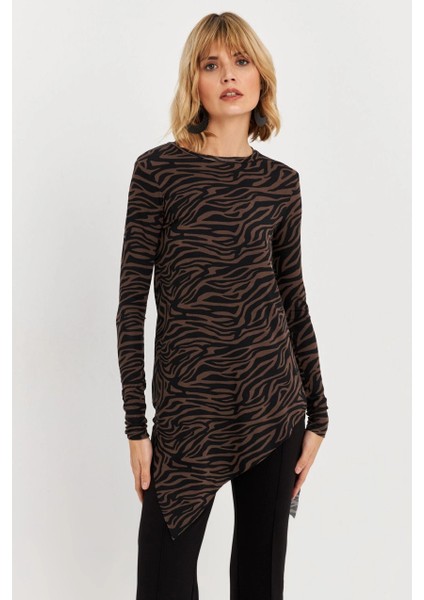 Kadın Vizon Asimetrik Zebra Desenli Tunik MLPP1186-1