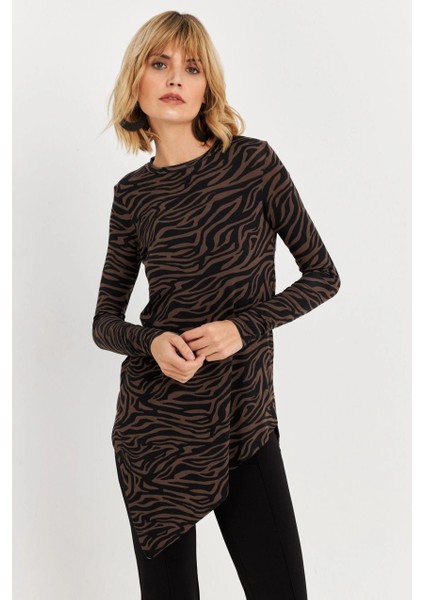 Kadın Vizon Asimetrik Zebra Desenli Tunik MLPP1186-1 modelleri