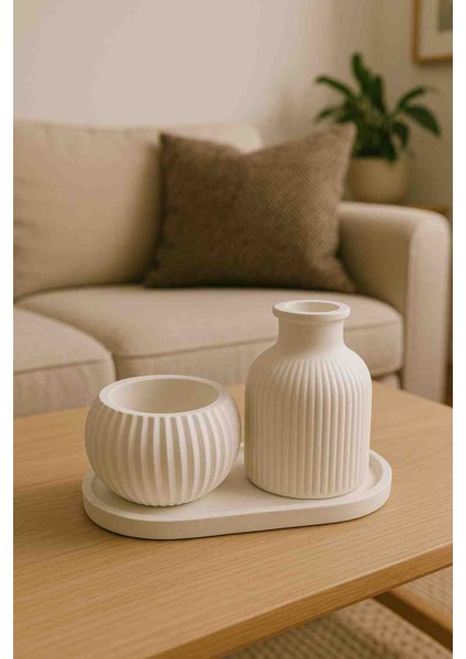 Modern Çizgili Seramik Dekor Seti – Vazo & Kase Takımı 3 Lü Set
