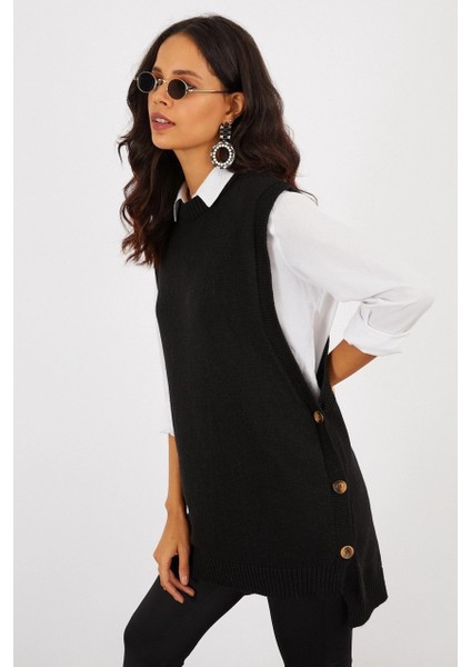 Kadın Siyah Yanları Düğmeli Kolsuz Triko Tunik YV75
