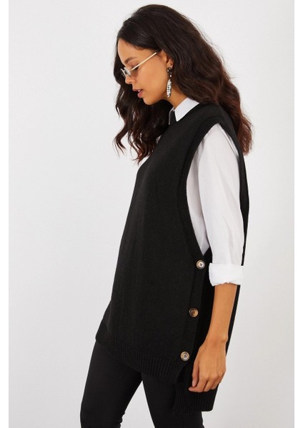 Kadın Siyah Yanları Düğmeli Kolsuz Triko Tunik YV75 fiyatları