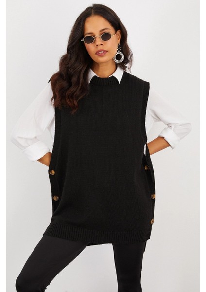 Kadın Siyah Yanları Düğmeli Kolsuz Triko Tunik YV75 fırsatları