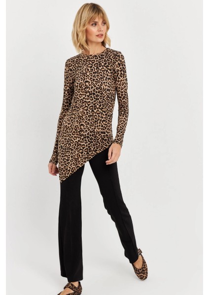 Kadın Camel-Siyah Asimetrik Leopar Tunik MLPP1186-1 indirimleri