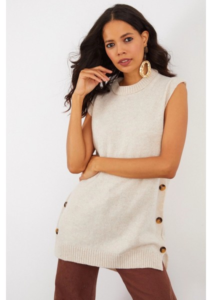 Kadın Vanilya Yanları Düğmeli Kolsuz Triko Tunik YV75 fiyatları