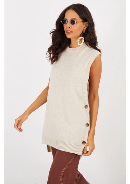 Kadın Vanilya Yanları Düğmeli Kolsuz Triko Tunik YV75 modelleri