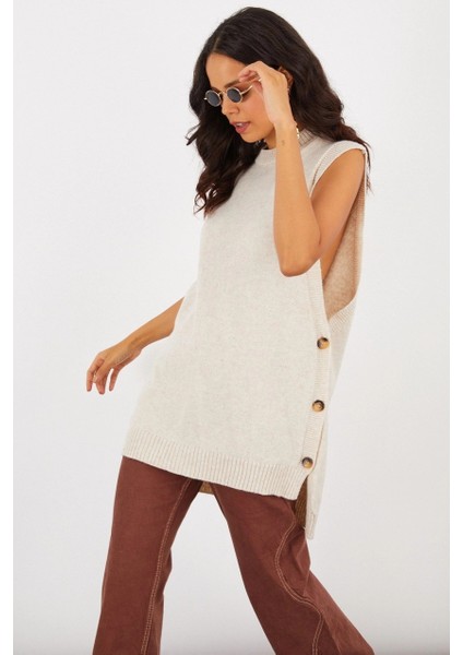 Kadın Vanilya Yanları Düğmeli Kolsuz Triko Tunik YV75 fırsatları