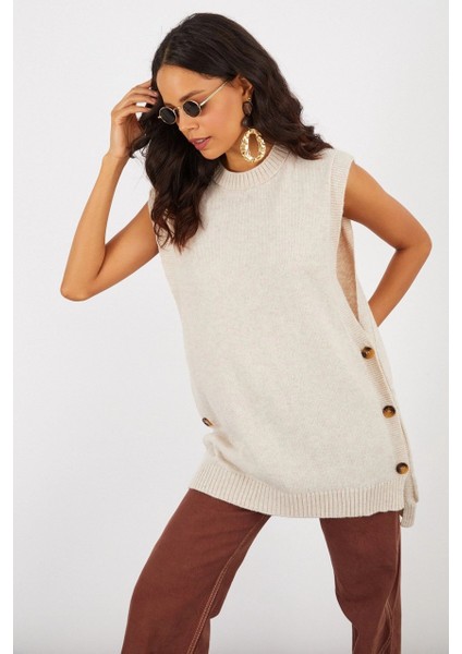 Kadın Vanilya Yanları Düğmeli Kolsuz Triko Tunik YV75 indirimleri