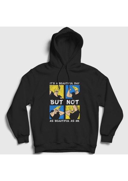 Unisex Siyah Beautiful Day Johnny Bravo Kapüşonlu Sweatshirt