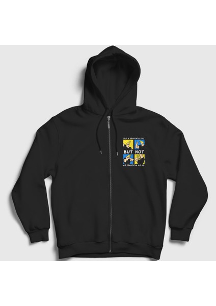 Unisex Siyah Beautiful Day Johnny Bravo Fermuarlı Kapüşonlu Sweatshirt