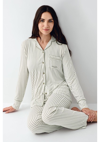 Kadın Çizgili Önden Düğmeli Pijama Takım, %50 Modal %50 Pamuk Gömlek Pijama Takım