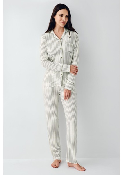 Kadın Çizgili Önden Düğmeli Pijama Takım, %50 Modal %50 Pamuk Gömlek Pijama Takım fiyatları