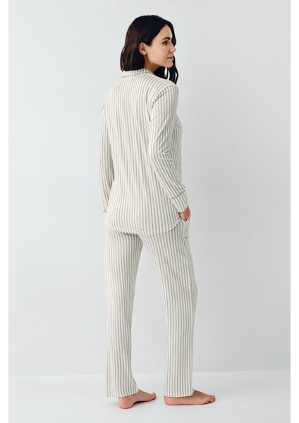Kadın Çizgili Önden Düğmeli Pijama Takım, %50 Modal %50 Pamuk Gömlek Pijama Takım fırsatları